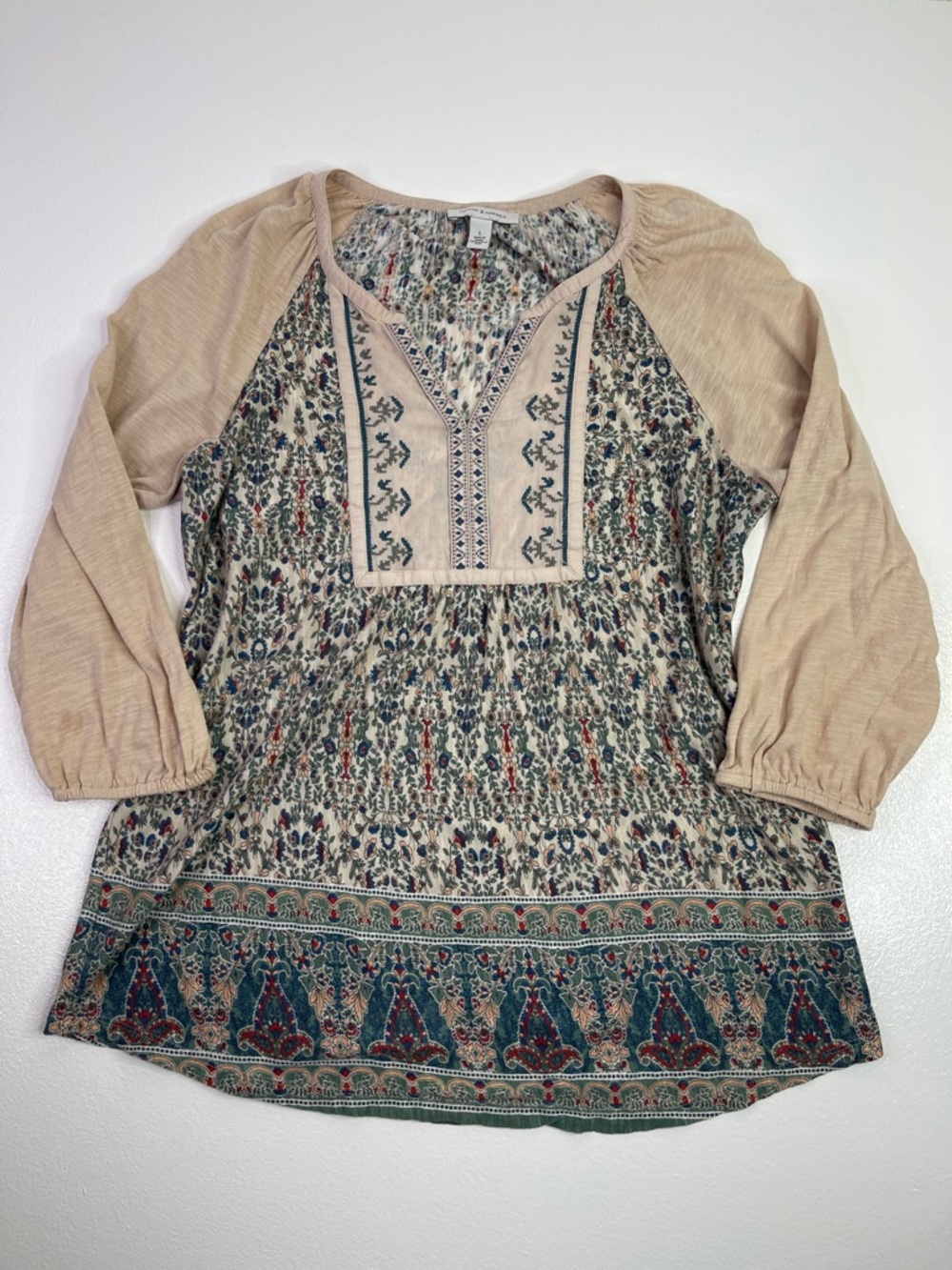 Vintage America Blues Boho Floral Embroidered Peasant Blouse Top Size L